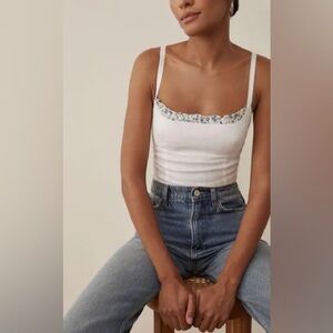 Reformation Cari Linen Top with Blue Floral Trim